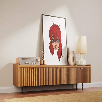 Fiery red-haired furry character art on a modern sideboard with decor.
