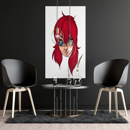 Digital art of a fiery red-haired furry character with vibrant red locks and piercing blue eyes.