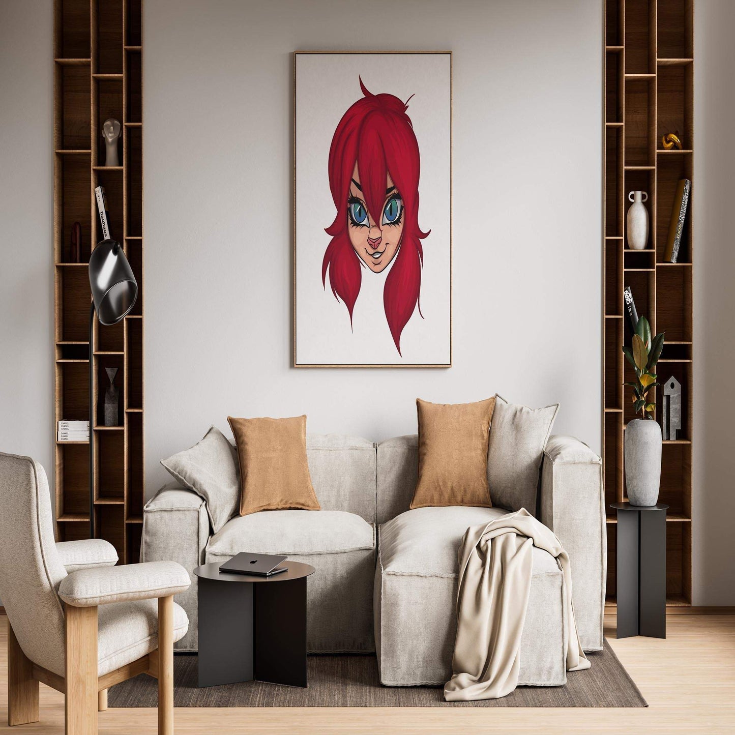 Fiery red-haired furry digital art in stylish room setting.