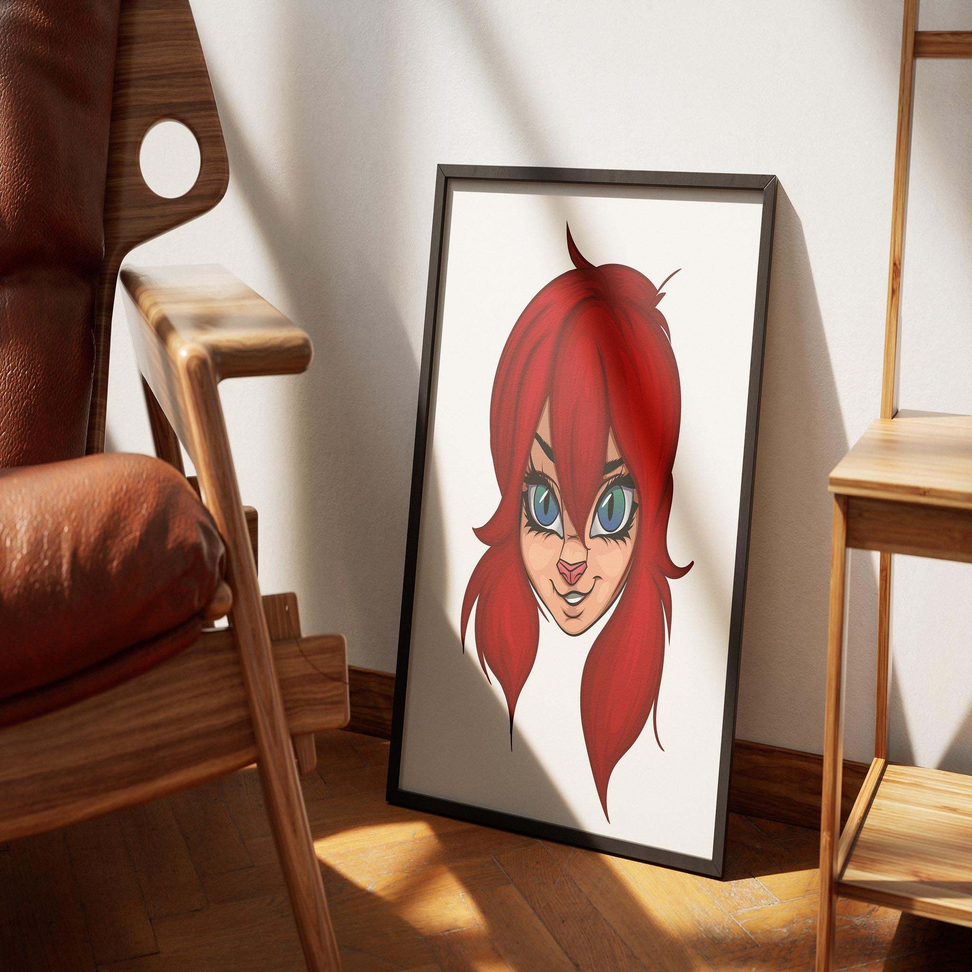 Fiery red-haired furry character digital art framed on a wooden floor.