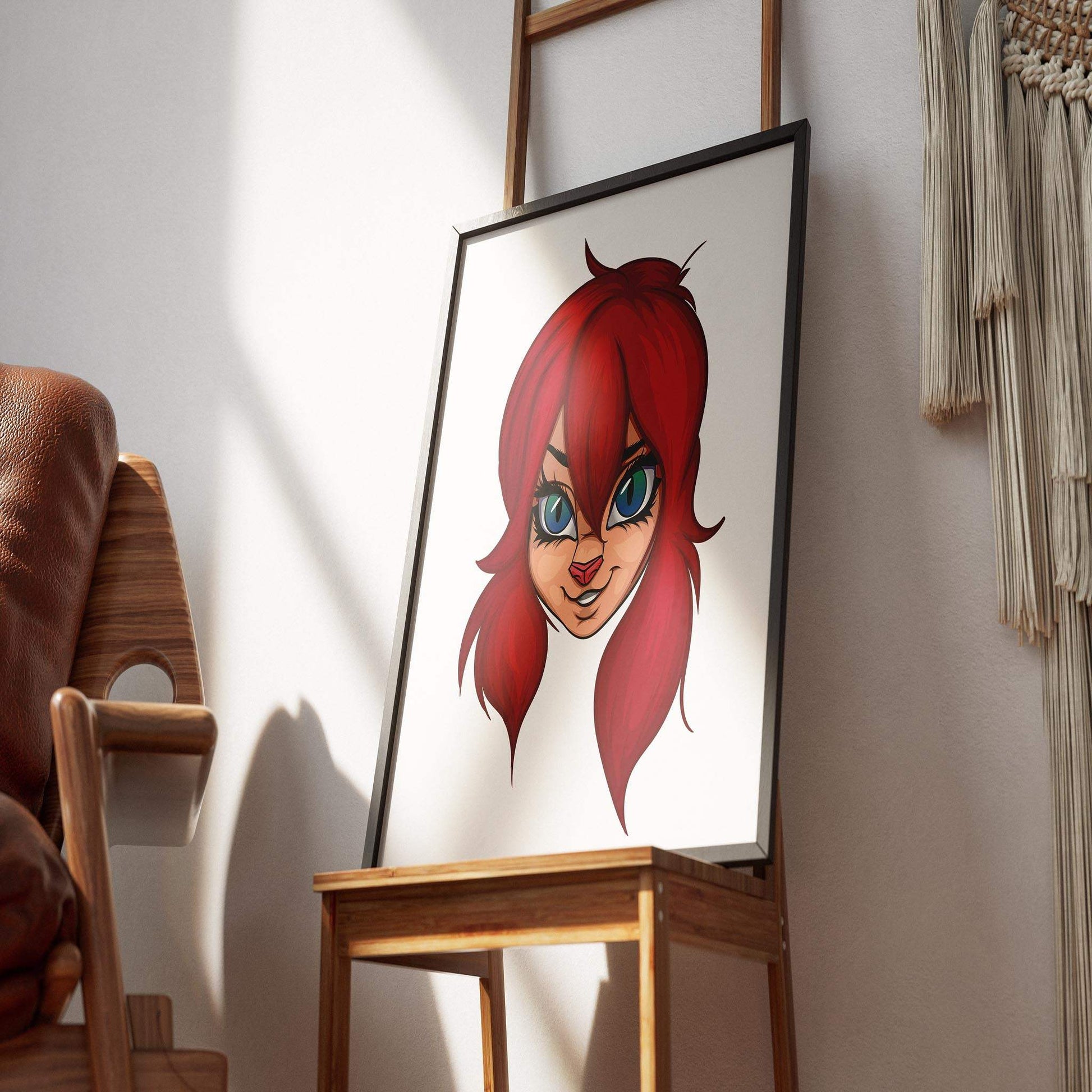 Framed digital art of red-haired furry character with blue eyes on a wooden chair.