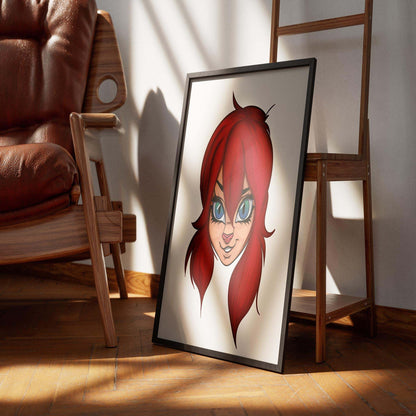 Fiery red-haired furry character artwork in a modern interior setting, vibrant digital art.