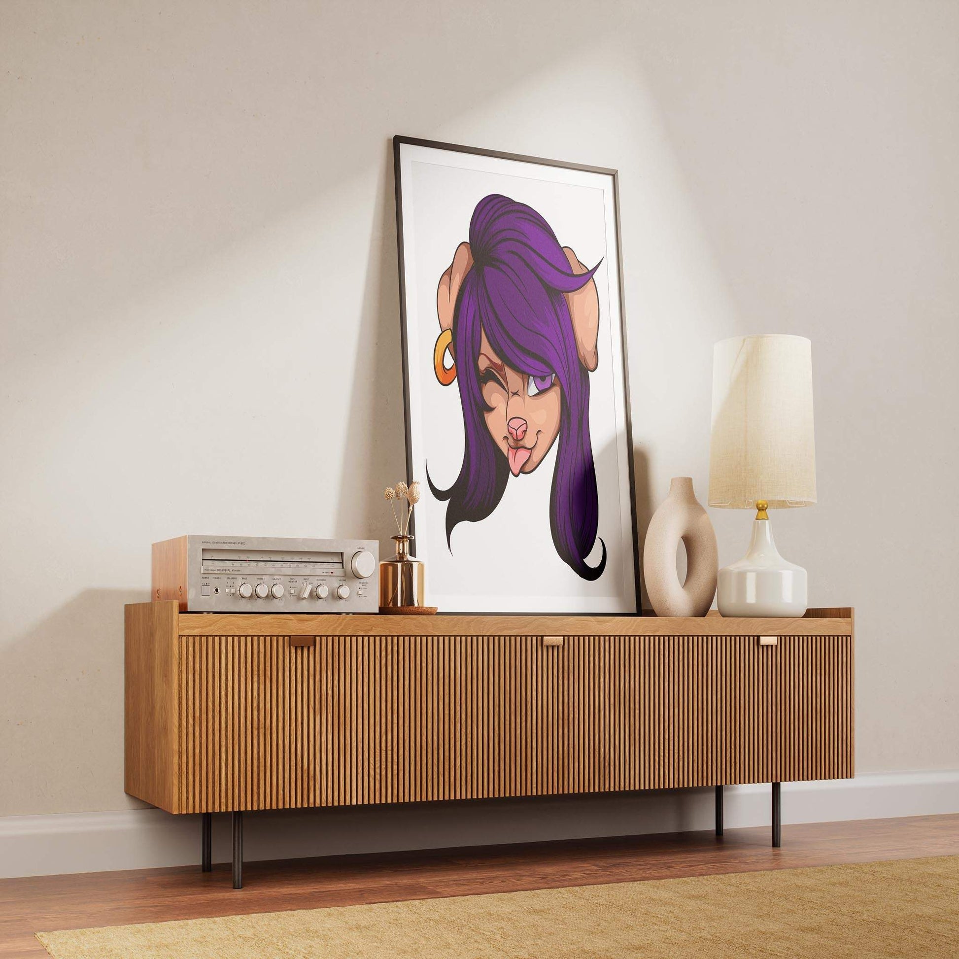 Baked Art - Furries Model 9 digital portrait featuring a purple-haired furry character on a stylish cabinet.