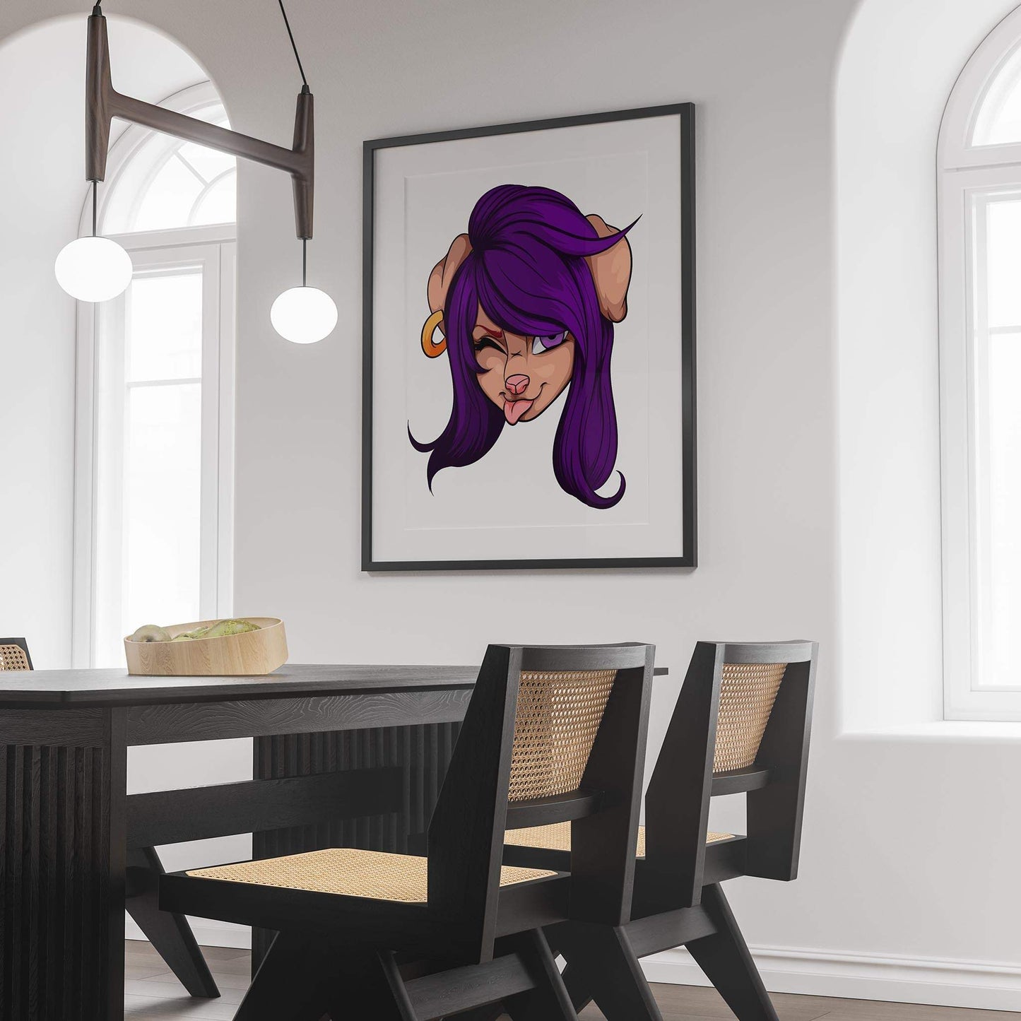 Cheeky purple-haired furry character wall art in modern dining room.