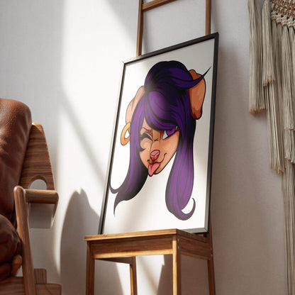 Cheeky purple-haired furry character digital art print on framed display.