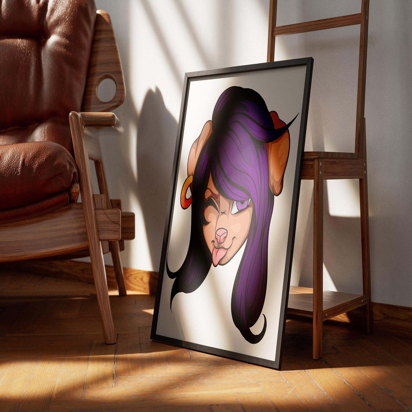 Cheeky purple-haired furry character digital art in frame.