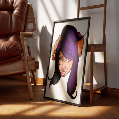 Cheeky purple-haired furry character digital art in frame.