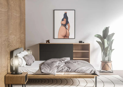 Stylized illustration of a female figure in lingerie, emphasizing hips and lower back, "Baked Art - Model 100" in a modern bedroom setting.