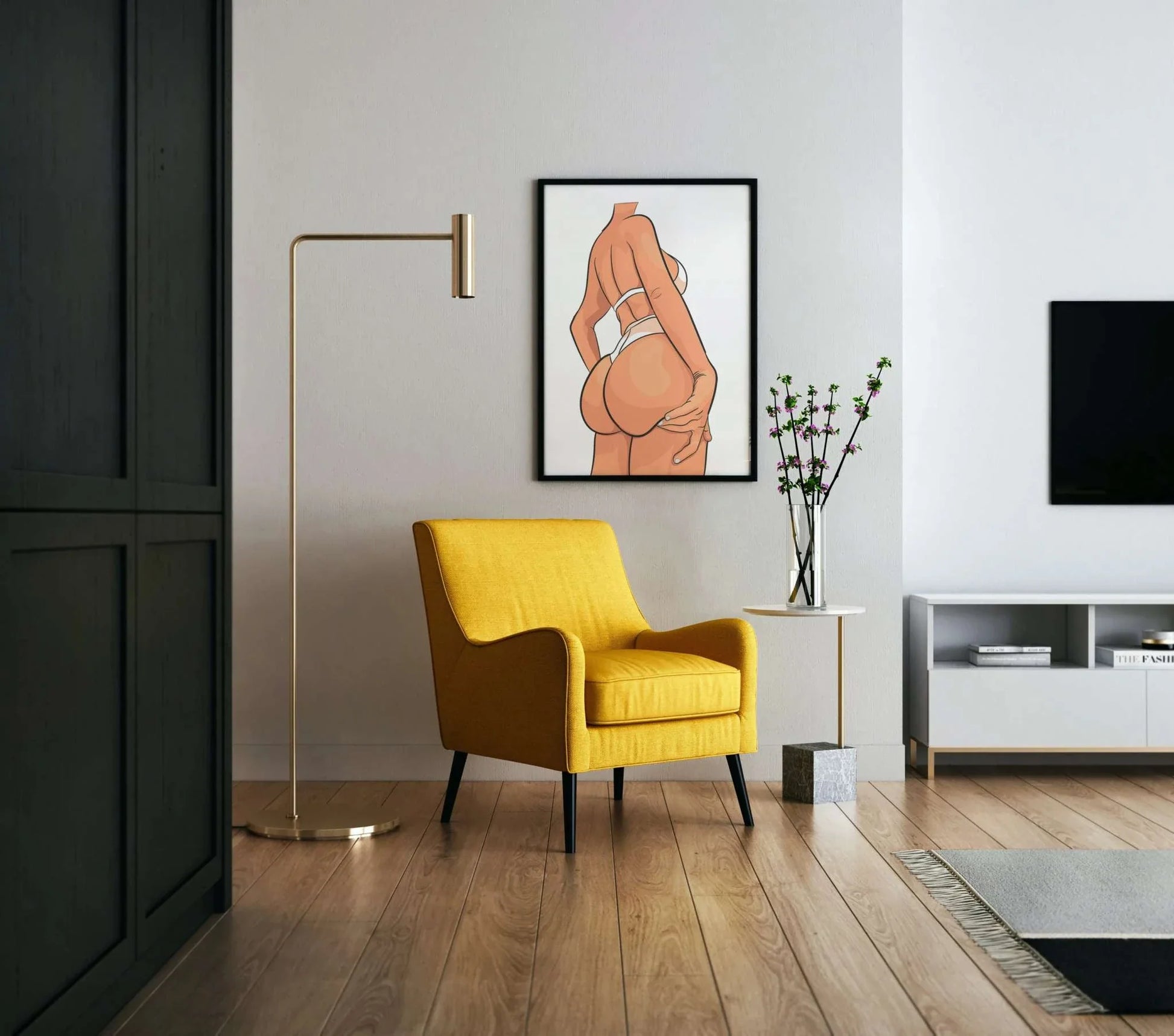 Baked art featuring Model 11 in a white bikini displayed in a modern living room setting.