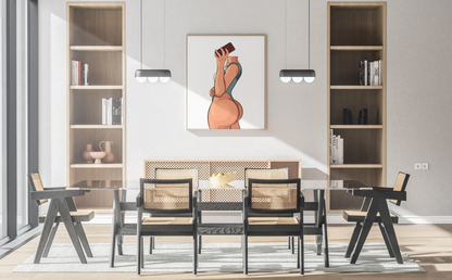 Digital artwork of Fitness Model 14 in activewear, displayed in a modern dining space.
