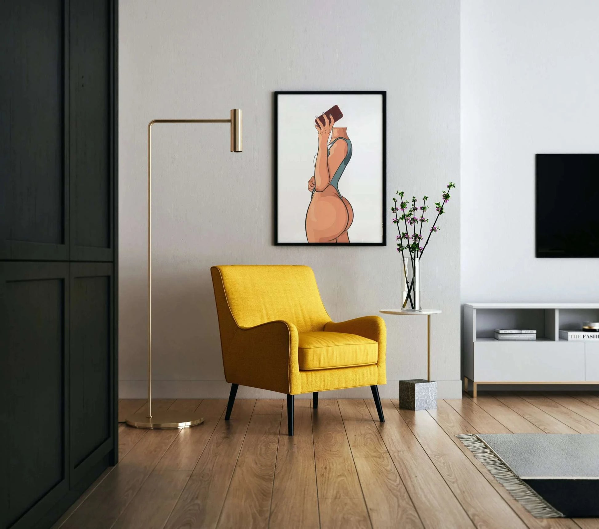 Model 14 - Baked Art digital artwork on wall in modern living room.