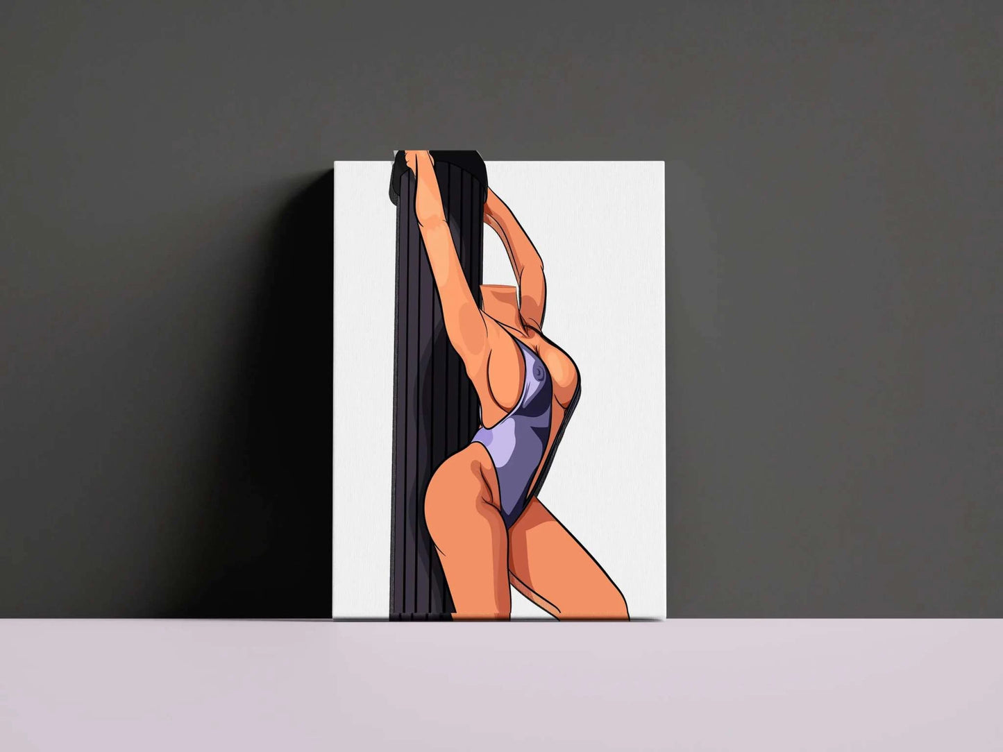 Baked art model posed elegantly on a pole in vibrant bodysuit.