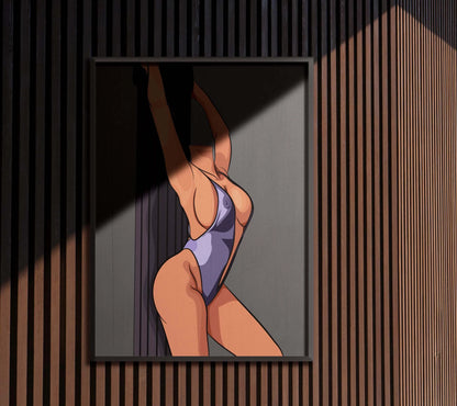 Model 15 Baked Art digital illustration of a confident pole fitness figure in a vibrant bodysuit, displayed on a striped wooden panel.