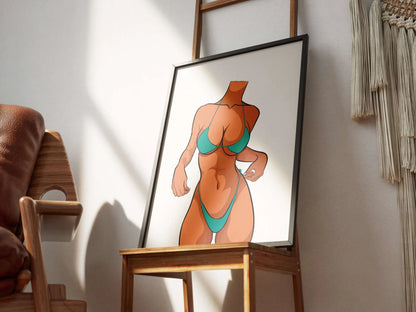 Model 19 - Baked Art digital illustration in a frame, featuring a figure in a turquoise bikini, ideal for creative projects.
