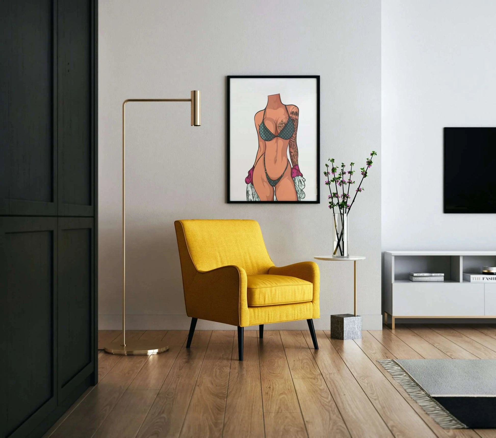 Model 1 Bikini Art - Minimalist Digital Sketch in Modern Room Decor.