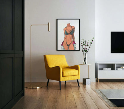 Model 1 Bikini Art - Minimalist Digital Sketch in Modern Room Decor.