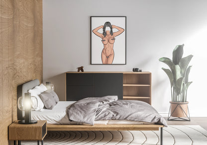 Modern bedroom featuring framed digital art, Model 21 - Baked Art, above a bed.