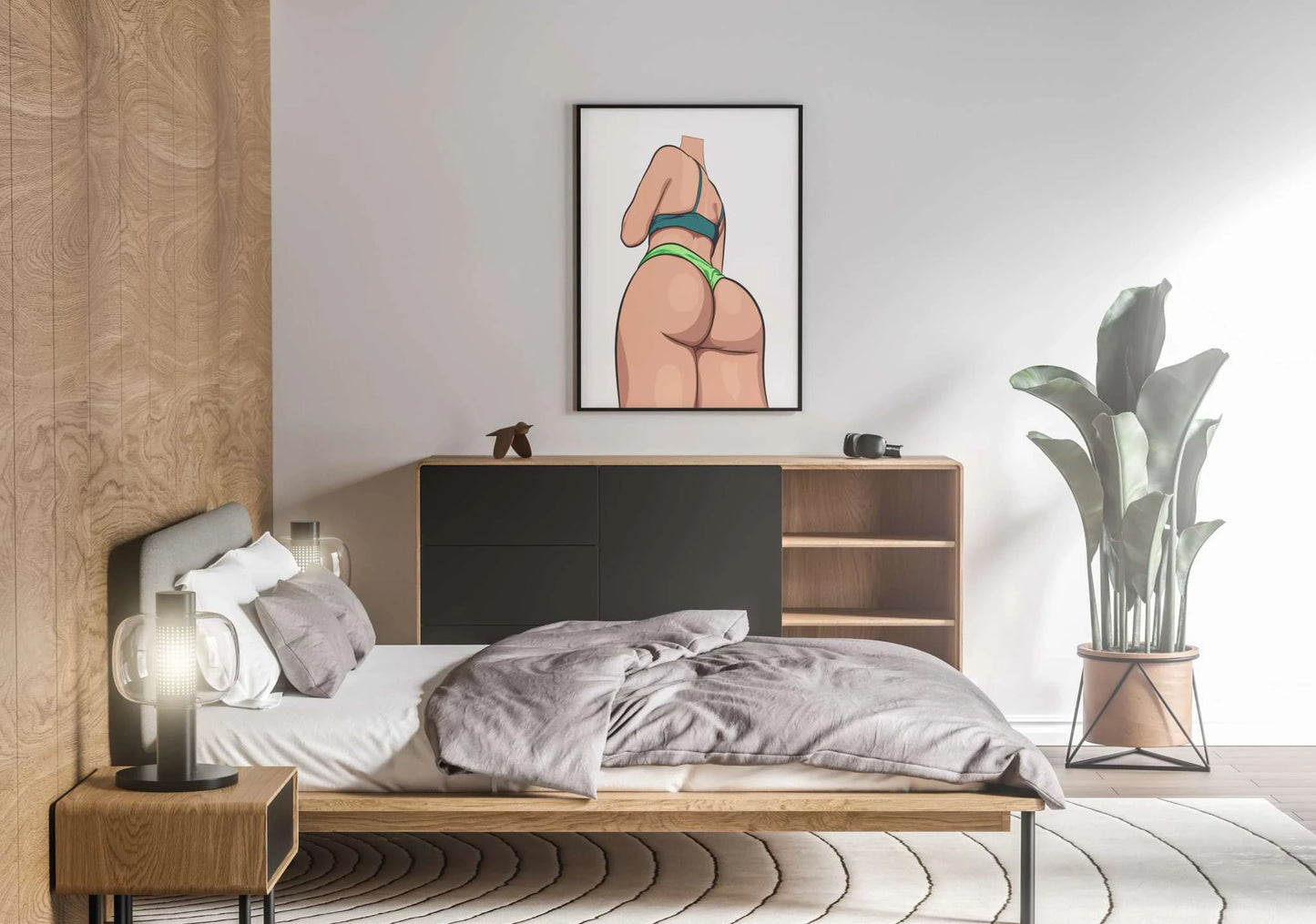Digital art of a model in a green bikini with a confident back pose, framed in a modern bedroom setting.