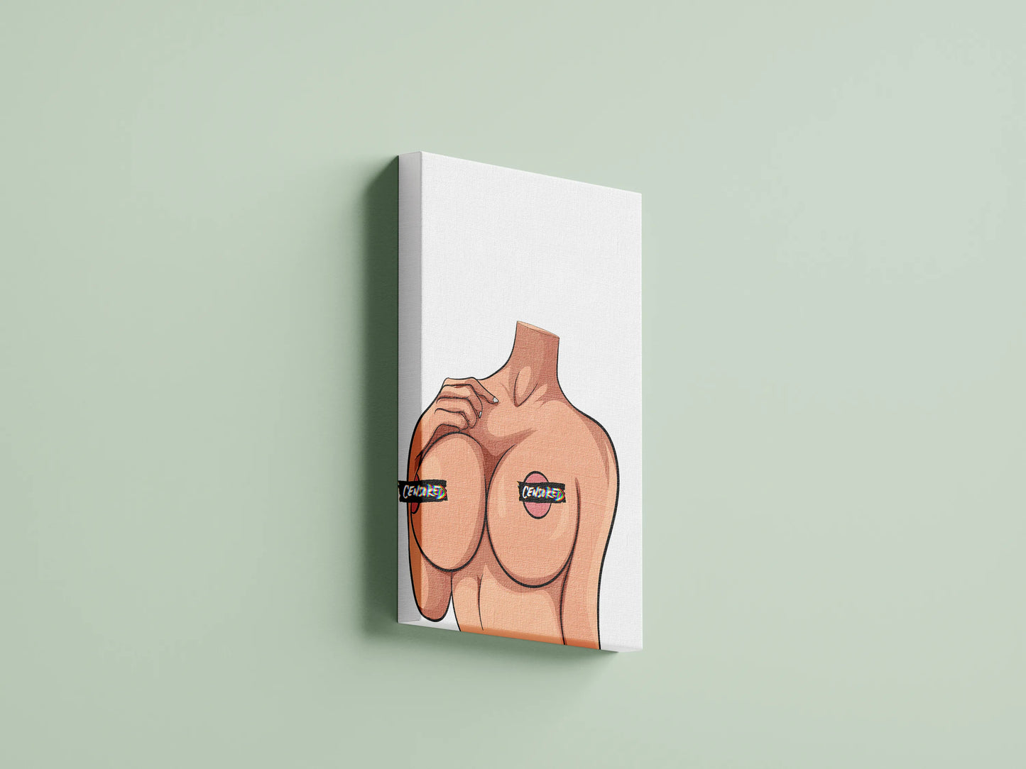 Bold pop art digital print featuring a censored female form, ideal for modern decor. Model 26 - Baked Art.