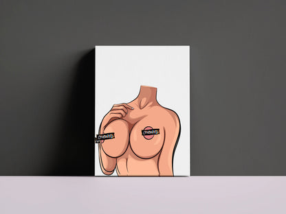 Bold headless female form pop art with censored labels, Model 26 - Baked Art digital print.