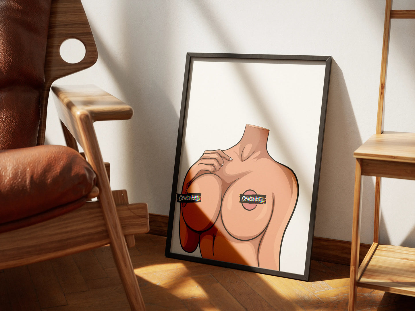Bold pop digital art featuring a female form with "Censored" labels, Model 26 - Baked Art.