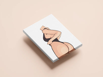 Minimalist pop art digital print of a headless figure in a sleek black outfit, highlighting bold curves, Model 30 - Baked Art.