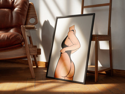 Minimalist pop art print, Model 30 - Baked Art, featuring bold curves in sleek black tones, displayed in a modern decor setting.