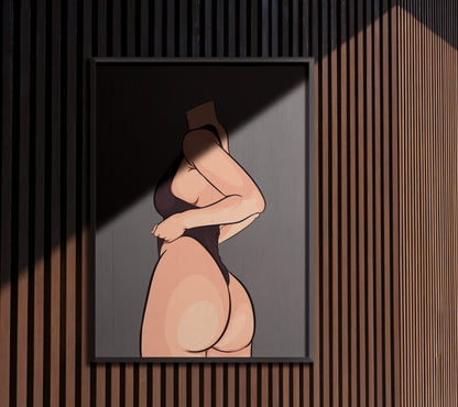 Bold minimalist pop art print featuring a headless figure in a sleek black outfit, highlighting bold curves; Model 30 - Baked Art digital download.