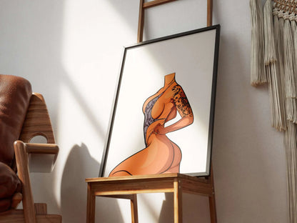 Model 3 Baked Art digital illustration framed on a chair.