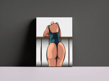 Digital artwork titled "Bikini Model 45 - Baked Art" displaying a detailed and dynamic character in sleek swimwear, showcasing shading and muscular form.