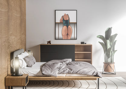 Digital artwork of 'Model 45 - Baked Art' in a modern bedroom setting, featuring bold character design and sleek swimwear.