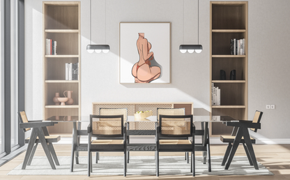 Digital art print titled "Model 46 - Baked Art" featuring a stylized character in a modern dining room.
