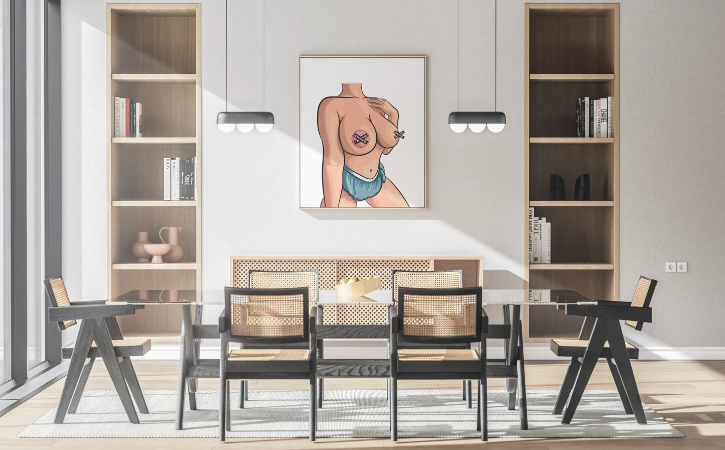 Elegant female silhouette art titled "Model 56 - Graceful Motion" displayed in modern dining room.