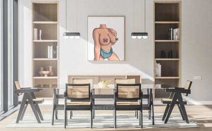 Elegant female silhouette art titled "Model 56 - Graceful Motion" displayed in modern dining room.