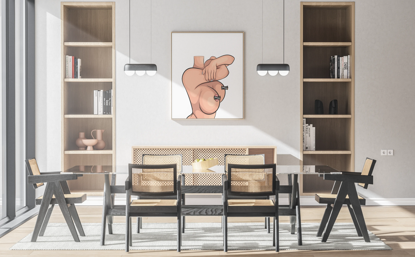 Elegant sensual pose digital artwork, Model 60 customizable female figure displayed in modern dining room.