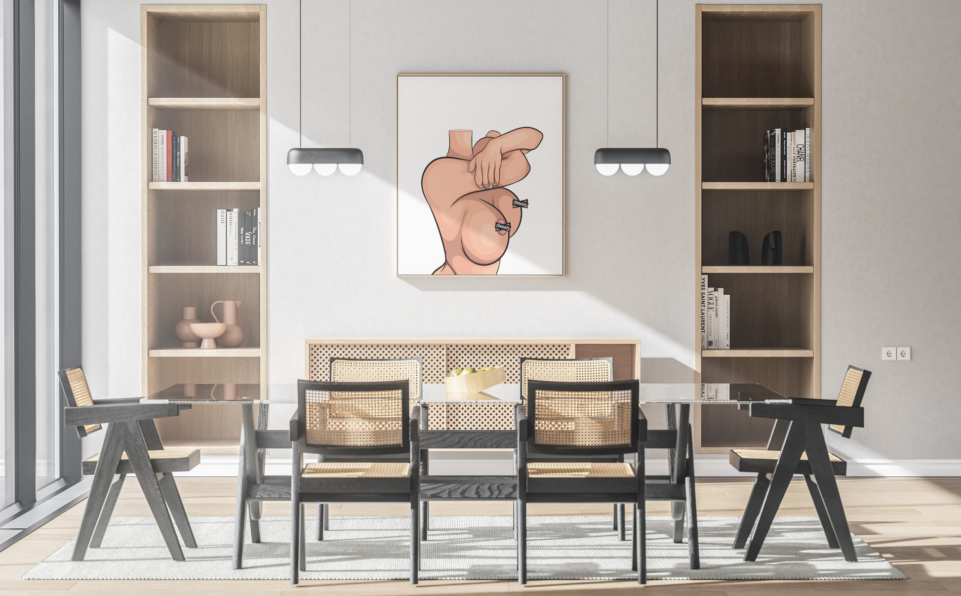 Elegant sensual pose digital artwork, Model 60 customizable female figure displayed in modern dining room.