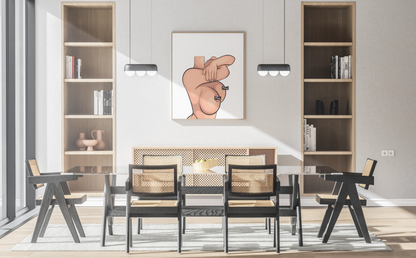 Elegant sensual pose digital artwork, Model 60 customizable female figure displayed in modern dining room.
