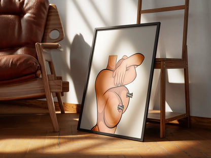Elegant female digital art illustration in a wooden frame on the floor, showcasing Model 60 in a sensual pose.