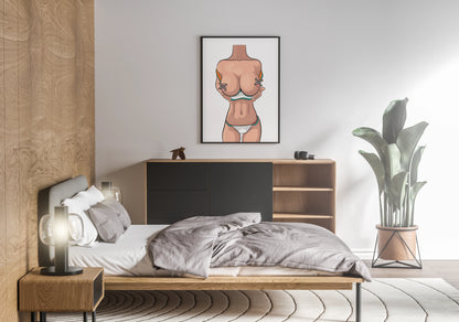 Minimalist digital art of headless female figure in modern bedroom setting, Model 61 - Baked Art.