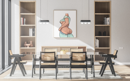 Female digital illustration artwork displayed in modern dining area, Baked Art - Model 65.
