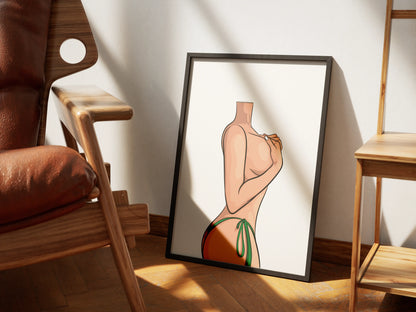 Digital artwork of a sensual female figure in a minimalist room, framed and ready for display.