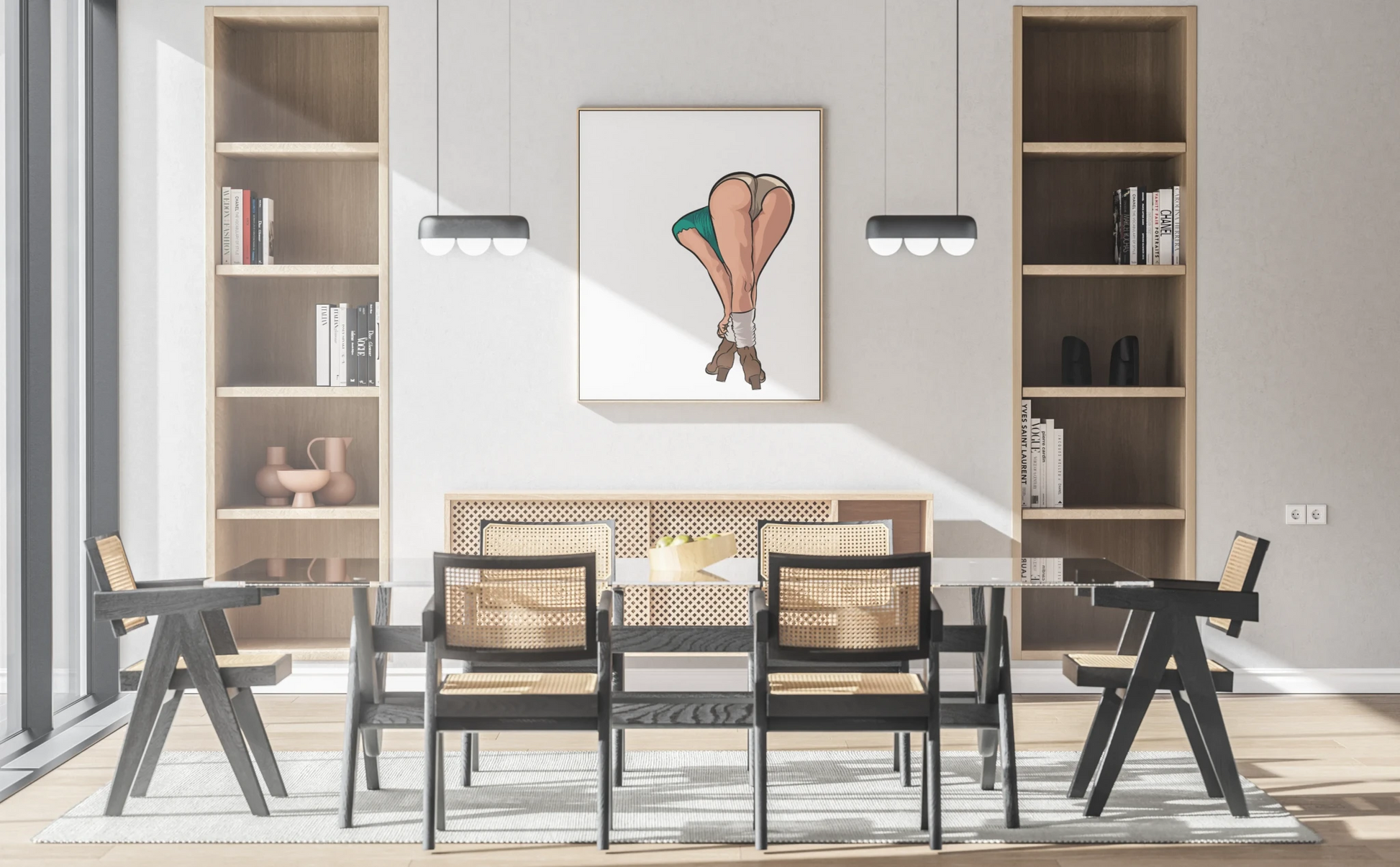 Digital artwork titled "Lingerie Model 72 - Baked Art" displayed in a modern dining room setting.