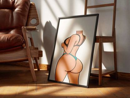 Digital artwork of Lingerie Model 75, vibrant colors, sleek lines, framed in an interior setting.