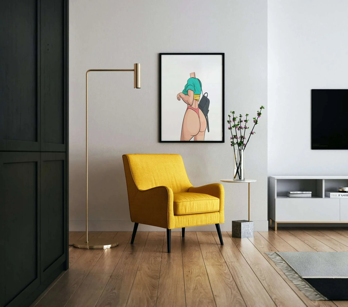 Vibrant digital art print 'Lingerie Model 77 - Baked Art', featuring bold lines and dynamic pose, displayed in a modern room setting.