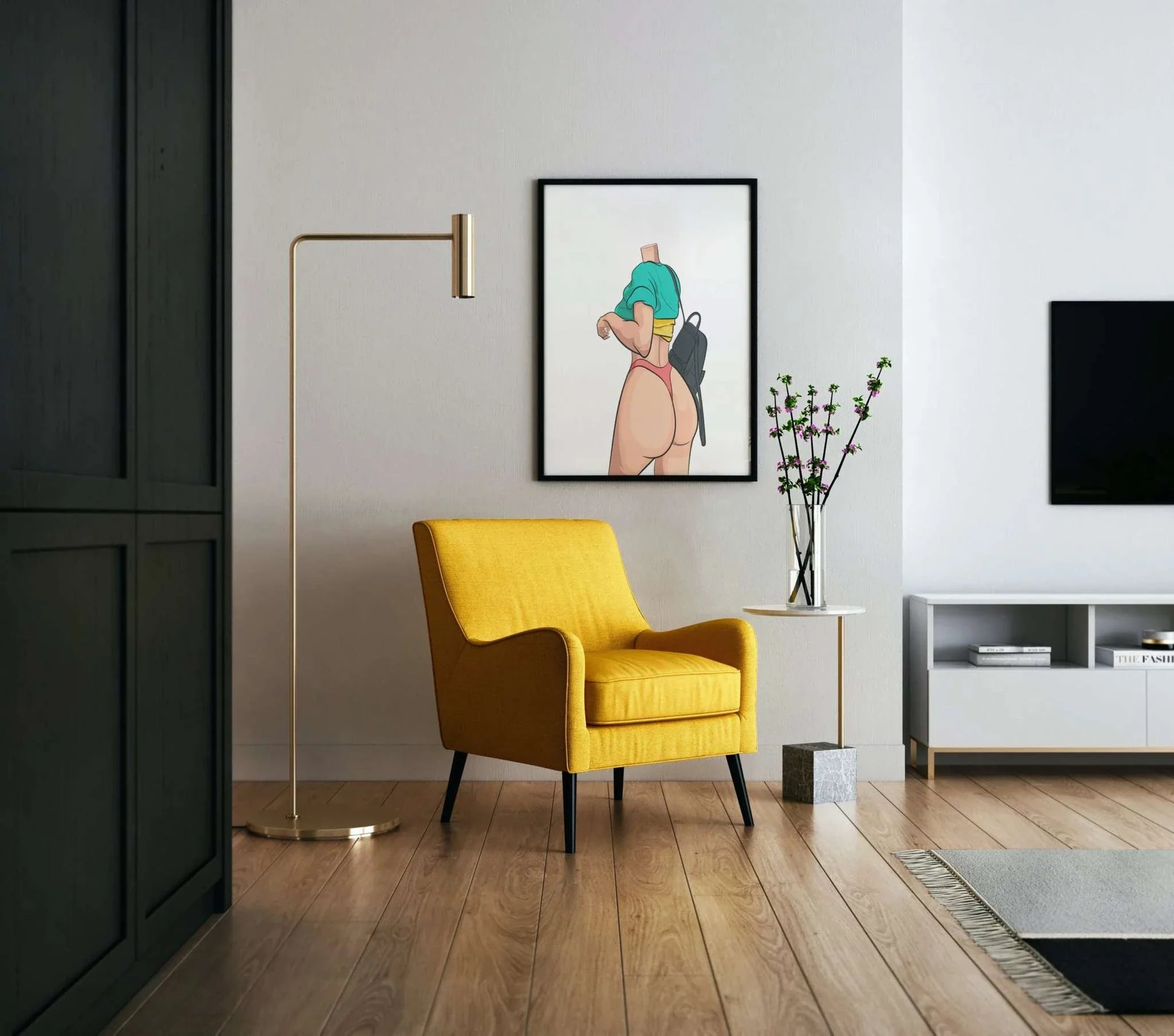 Vibrant digital art print 'Lingerie Model 77 - Baked Art', featuring bold lines and dynamic pose, displayed in a modern room setting.