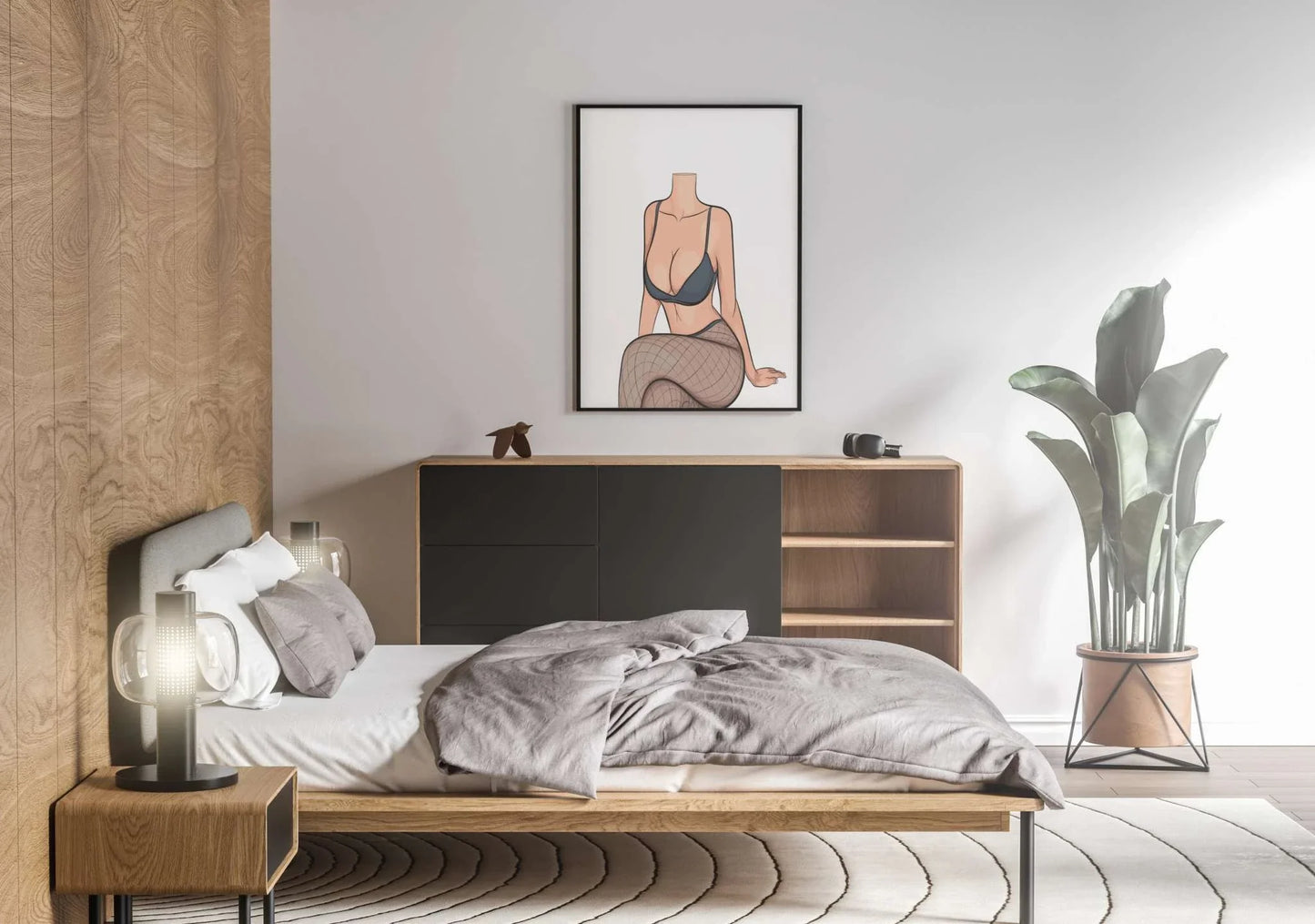 Digital artwork 'Lingerie Model 79' in modern bedroom setting.
