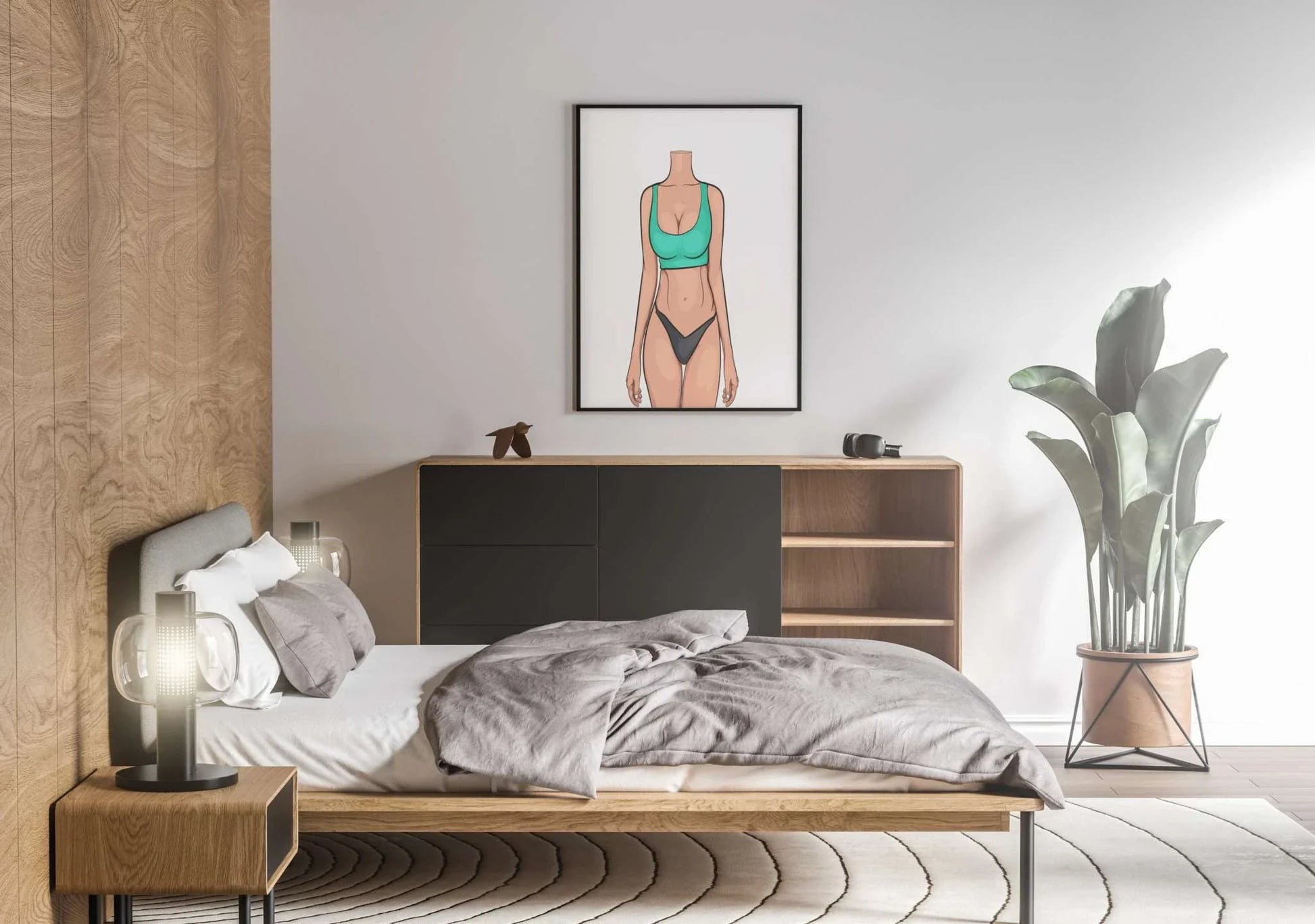 Digital artwork of a sleek silhouette in vibrant colors, titled "Lingerie Model 82 - Baked Art," displayed in a modern bedroom setting.