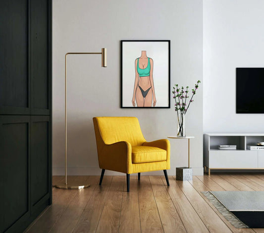 Digital artwork of Lingerie Model 82 in vibrant colors on a modern living room wall.