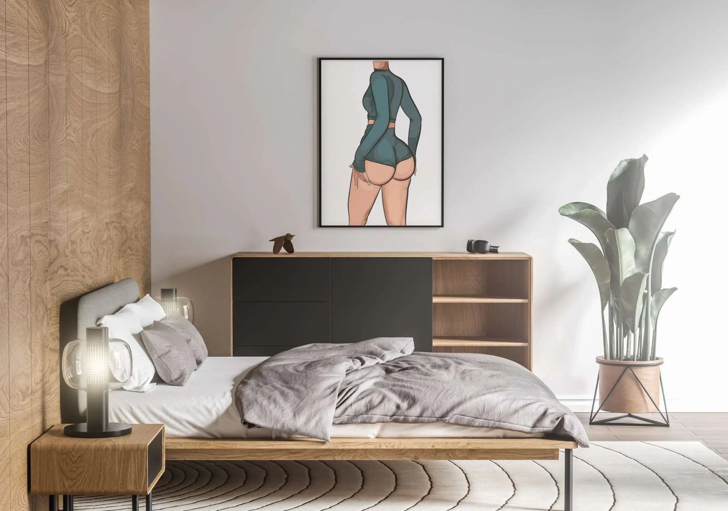 Digital artwork of figure in form-fitting outfit on bedroom wall; Baked Art - Model 84.