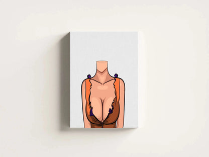 Lingerie Model 85 digital art with ruffled orange and brown top, purple accents, and heart-shaped highlight.